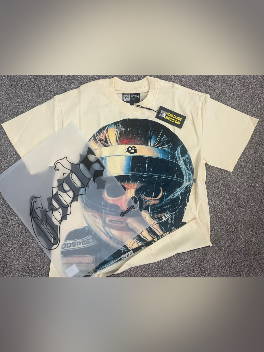 Godspeed Champion Racer Short Sleeve Tee in Cream with Blue & Black Helmet Print
